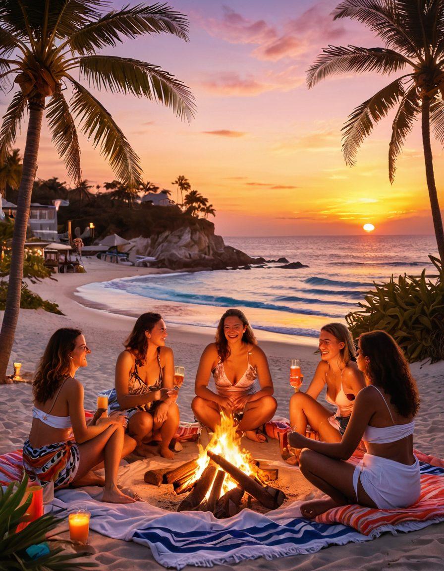 A sun-kissed beach scene with friends laughing and enjoying a beach bonfire during sunset, colorful cocktail drinks in hand, surrounded by palm trees and vibrant beach towels. The background features a cozy resort with twinkling fairy lights, creating an inviting atmosphere. super-realistic. vibrant colors. warm tones.