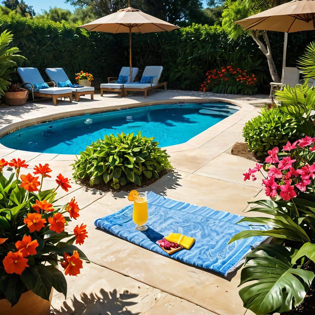 A serene backyard pool beautifully illuminated by golden sunlight, surrounded by lush tropical plants and colorful flowers, with a cozy lounge chair inviting relaxation. A refreshing drink sits on a small table, and cheerful beach towels drape over the chair. In the background, a clear blue sky enhances the tranquil atmosphere. super-realistic. vibrant colors. inviting ambiance.