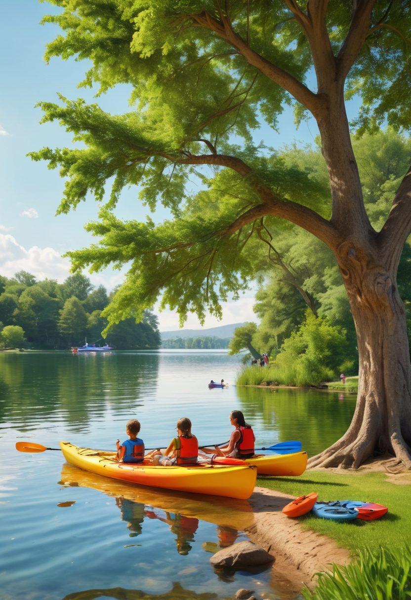 A serene lakeside scene featuring a diverse family enjoying a sunny day: children playing by the water, parents relaxing on a picnic blanket under a large tree, colorful kayaks floating nearby, and pets frolicking in the grass. Lush greenery and gentle waves create a harmonious atmosphere. Capture the joy and togetherness of these memorable moments. super-realistic. vibrant colors. peaceful background.